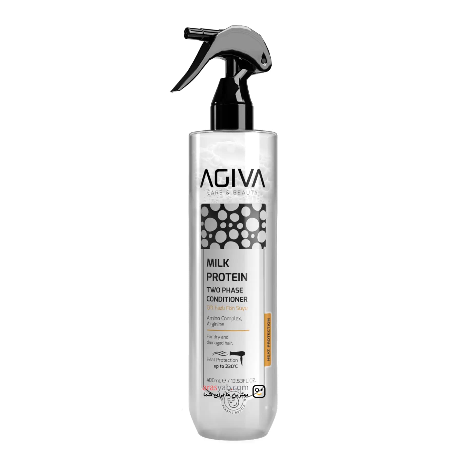 اسپری دوفاز پروتئین شیر آگیوا Agiva دارای محافظ حرارتی برای موهای خشک و آسیب دیده حجم 400 میل