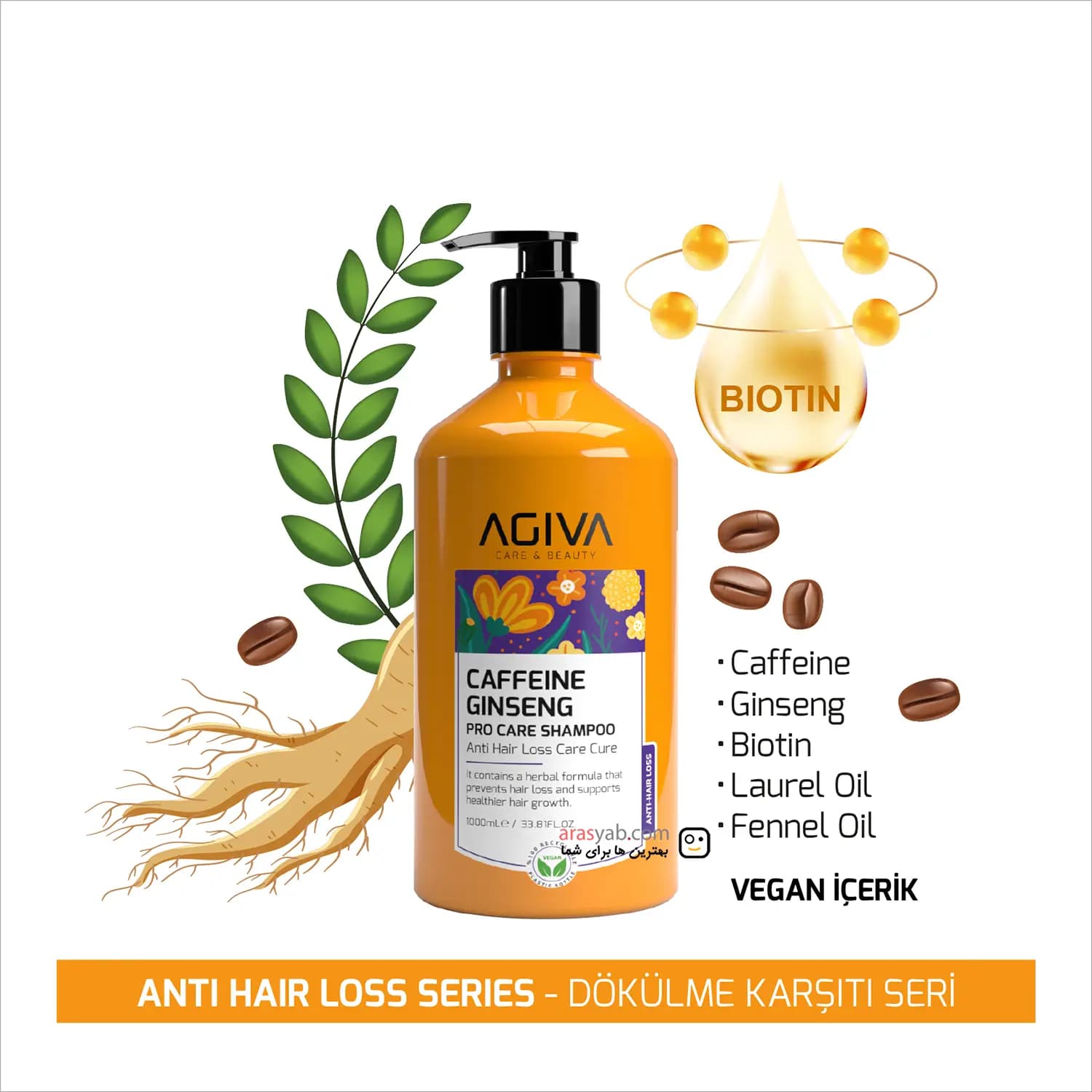 شامپو ضد ریزش آگیوا Agiva حاوی کافئین و جنسینگ سری حرفه ای Pro Care حجم ۱۰۰۰ میل — تصویر ۴