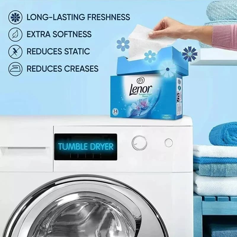 دستمال خوشبو کننده لباس با رایحه بهاری لنور Lenor مدل Tumble Dryer Sheets بسته 34 عددی — تصویر ۹