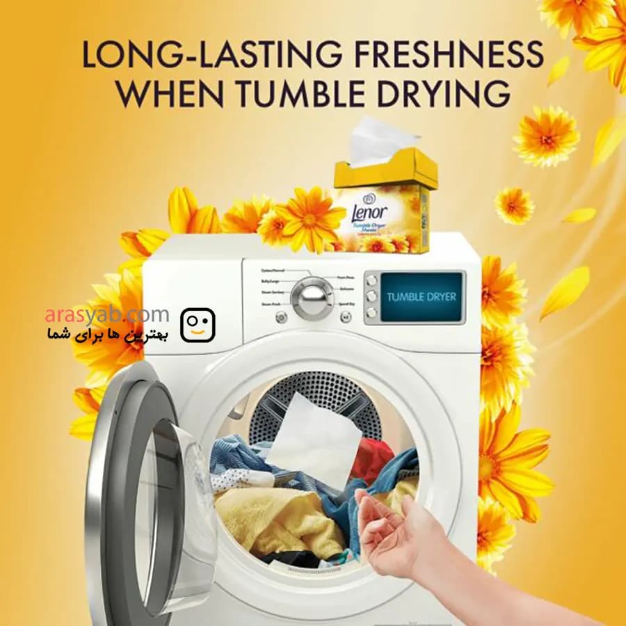 دستمال خوشبو کننده لباس نسیم تابستانی لنور Lenor مدل Tumble Dryer Sheets بسته 34 عددی — تصویر ۳