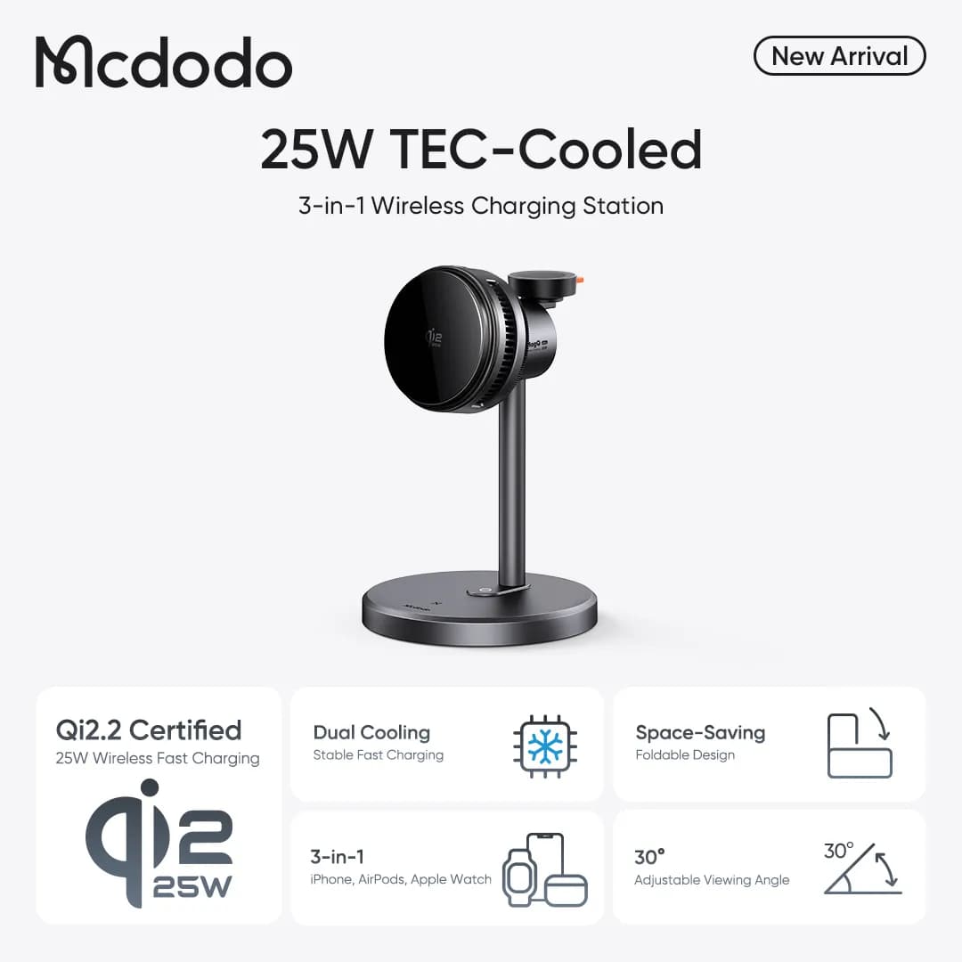 استند 3 کاره شارژر وایرلس و فن خنک کننده 25 وات Qi2.2 برند مک دودو مدل Mcdodo CH-6170 — تصویر ۸