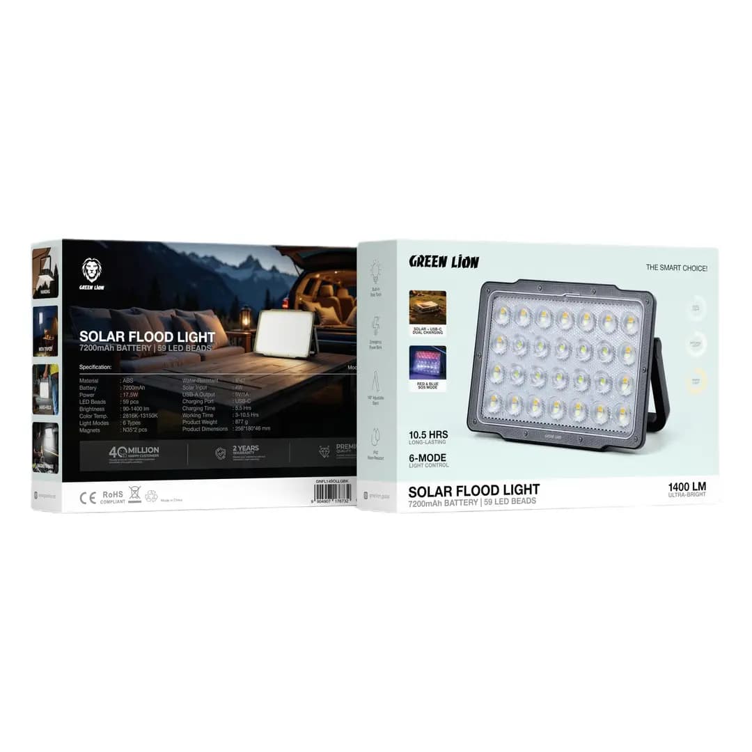 پروژکتور خورشیدی گرین لاین با باتری 7200 میلیآمپرساعت و 59 LED مدل GNFL14SOLLGBK — تصویر ۳