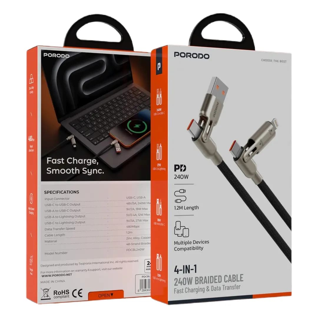 کابل شارژ و انتقال داده 4 در 1 پرودو 240 وات مدل PDCBL240WBK — تصویر ۵