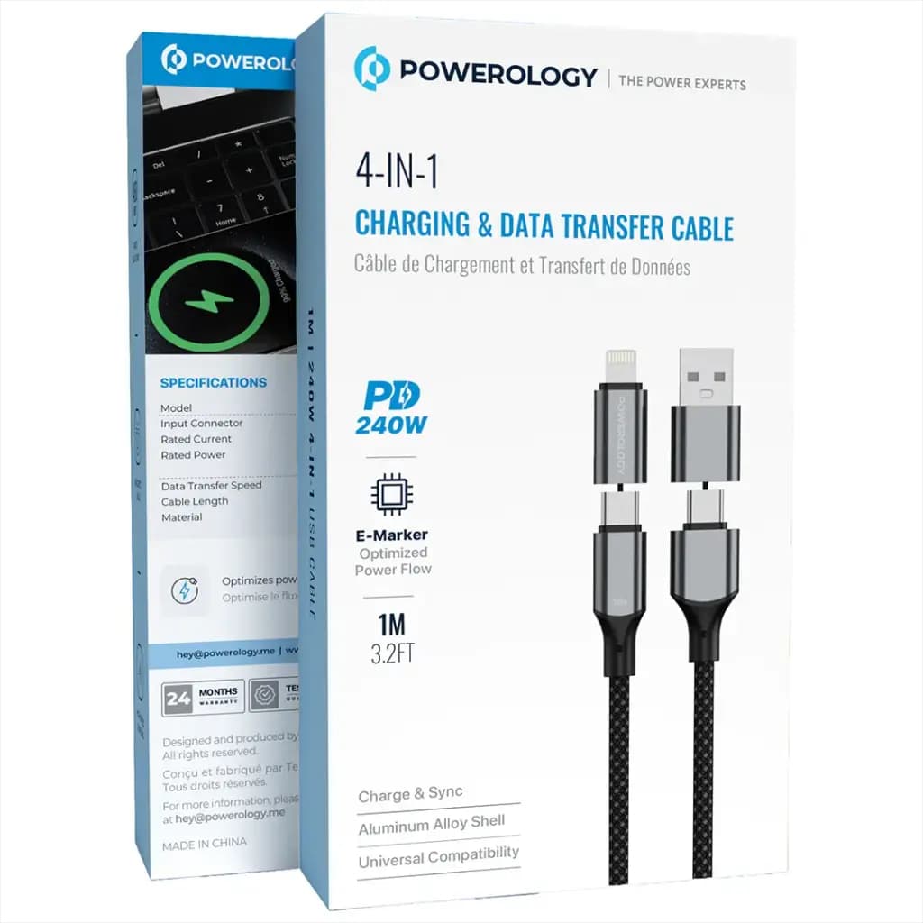 کابل شارژ و انتقال داده 4 در 1 پاورولوژی مدل PWMHZA240WBK — تصویر ۳