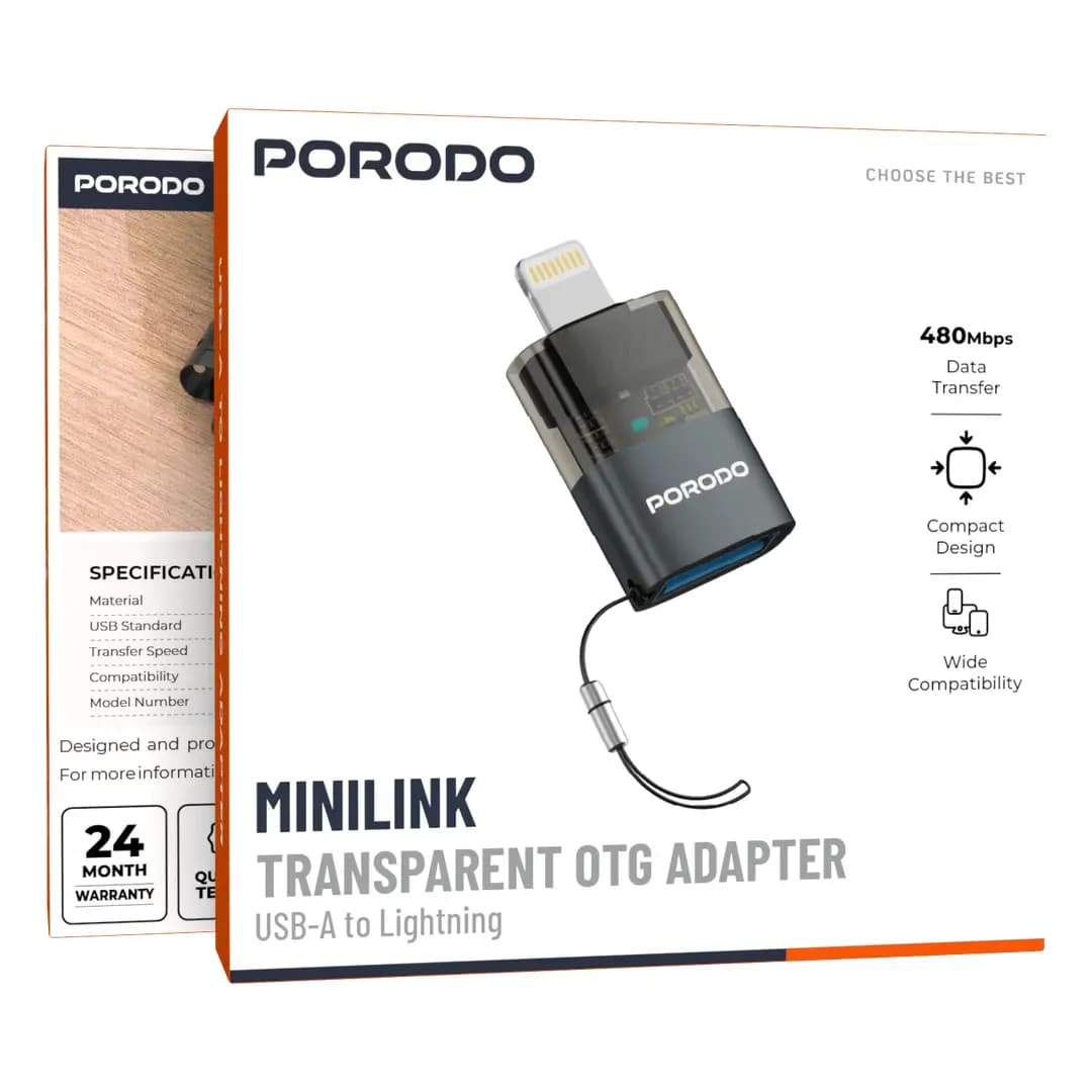 مبدل OTG پرودو MiniLink شفاف USB-A به Lightning خاکستری PDATOL50GY — تصویر ۶
