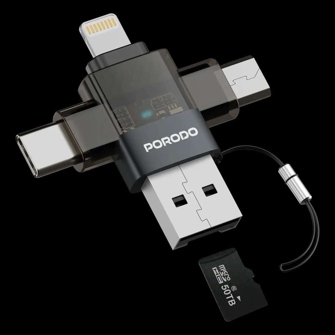 مبدل OTG پرودو MiniLink با پشتیبانی از USB-C، Micro USB، Lightning و کارت حافظه مدل PDOTG50GY