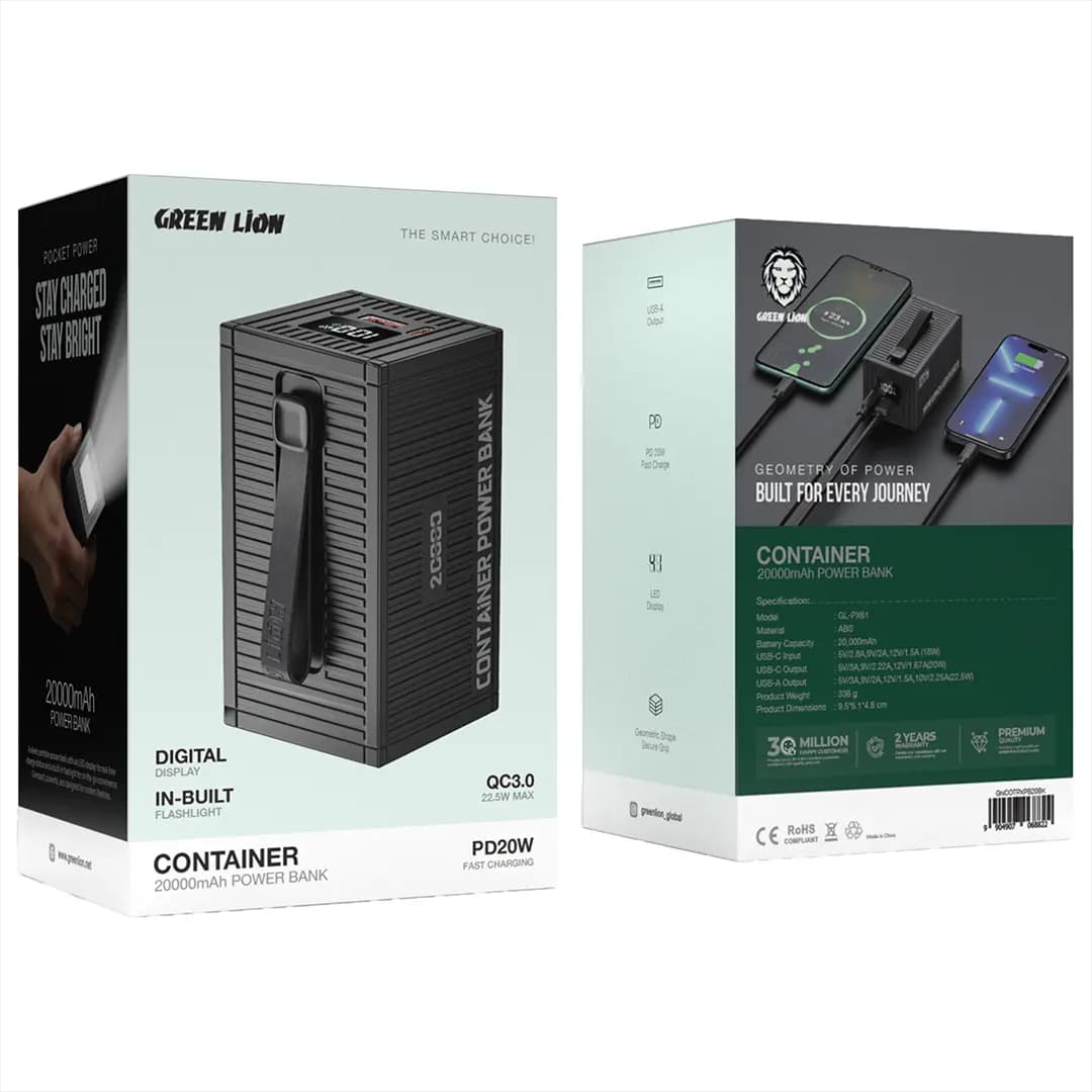 پاوربانک گرین لاین Container ظرفیت 20000 میلی‌آمپرساعت مدل GNCOTPXPB20BK — تصویر ۳