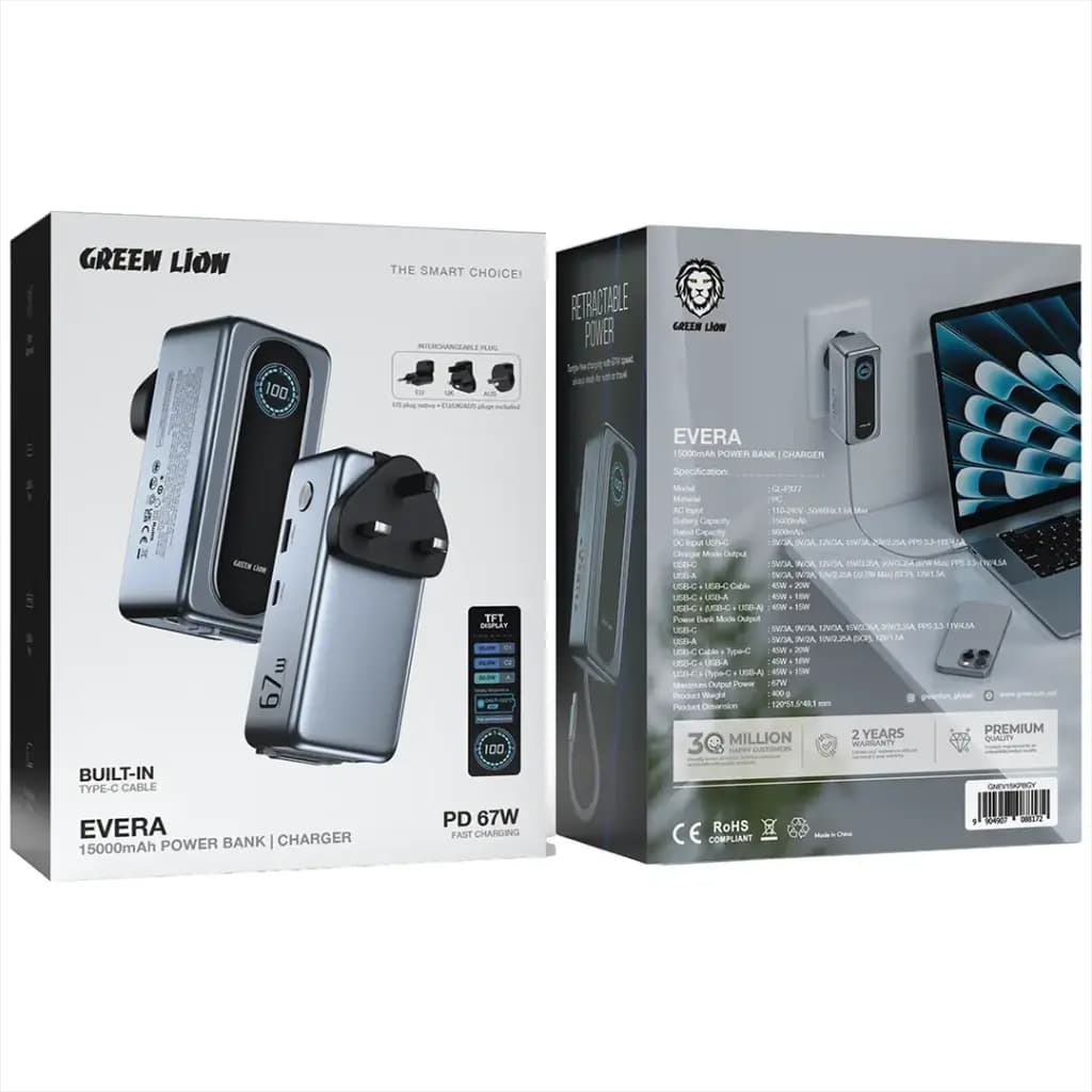 پاوربانک و شارژر دیواری گرین لاین Evera ظرفیت 15000 میلیآمپرساعت مدل GNEV15KPBGY — تصویر ۳