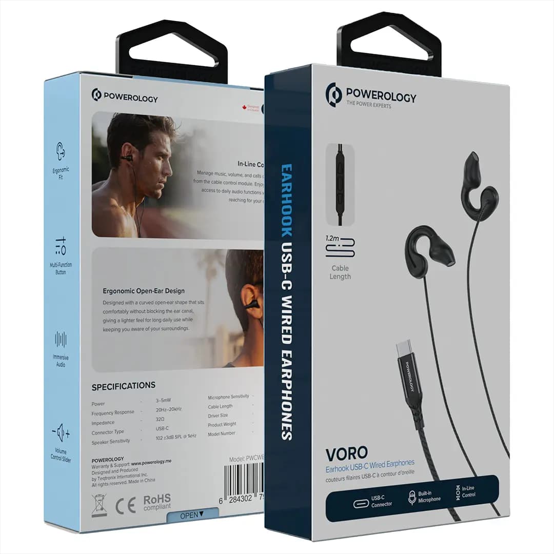 هندزفری سیمی USB-C پاورولوژی Voro Earhook مدل PWCWES13BK — تصویر ۶
