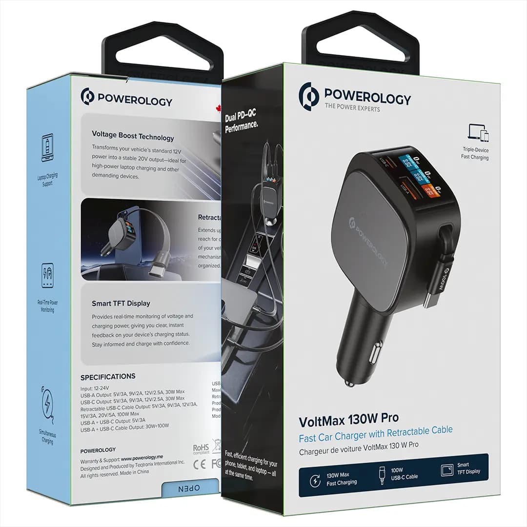 شارژر فندکی 130 وات پاورولوژی VoltMax Pro با کابل جمع‌شونده مدل PCCSR028BK — تصویر ۳
