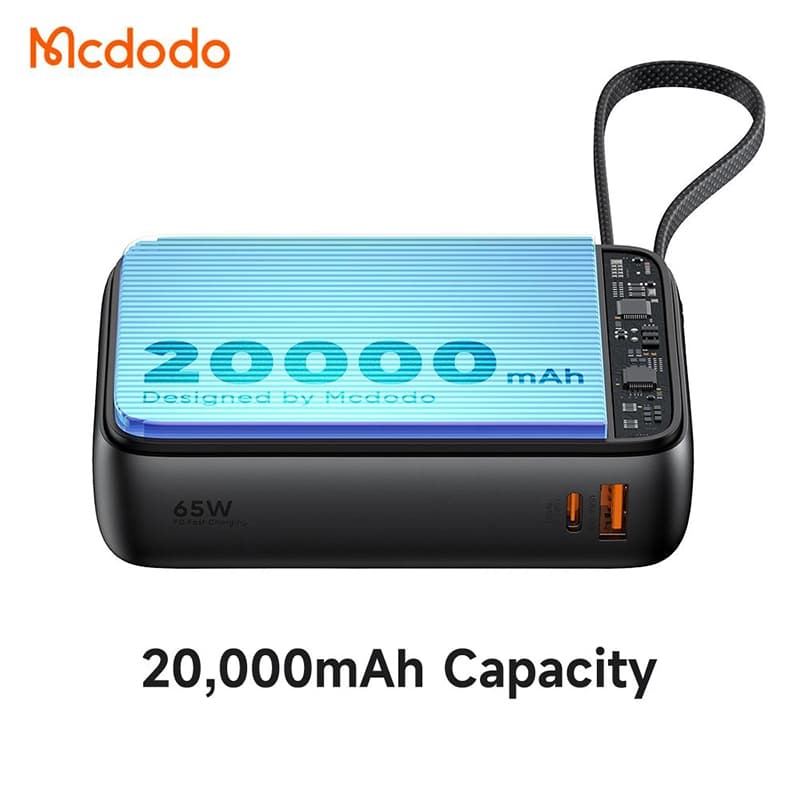 پاوربانک 65 وات 20000 مک دودو مدل MCDODO MC-6370 با کابل شارژ متصل تایپ سی — تصویر ۳