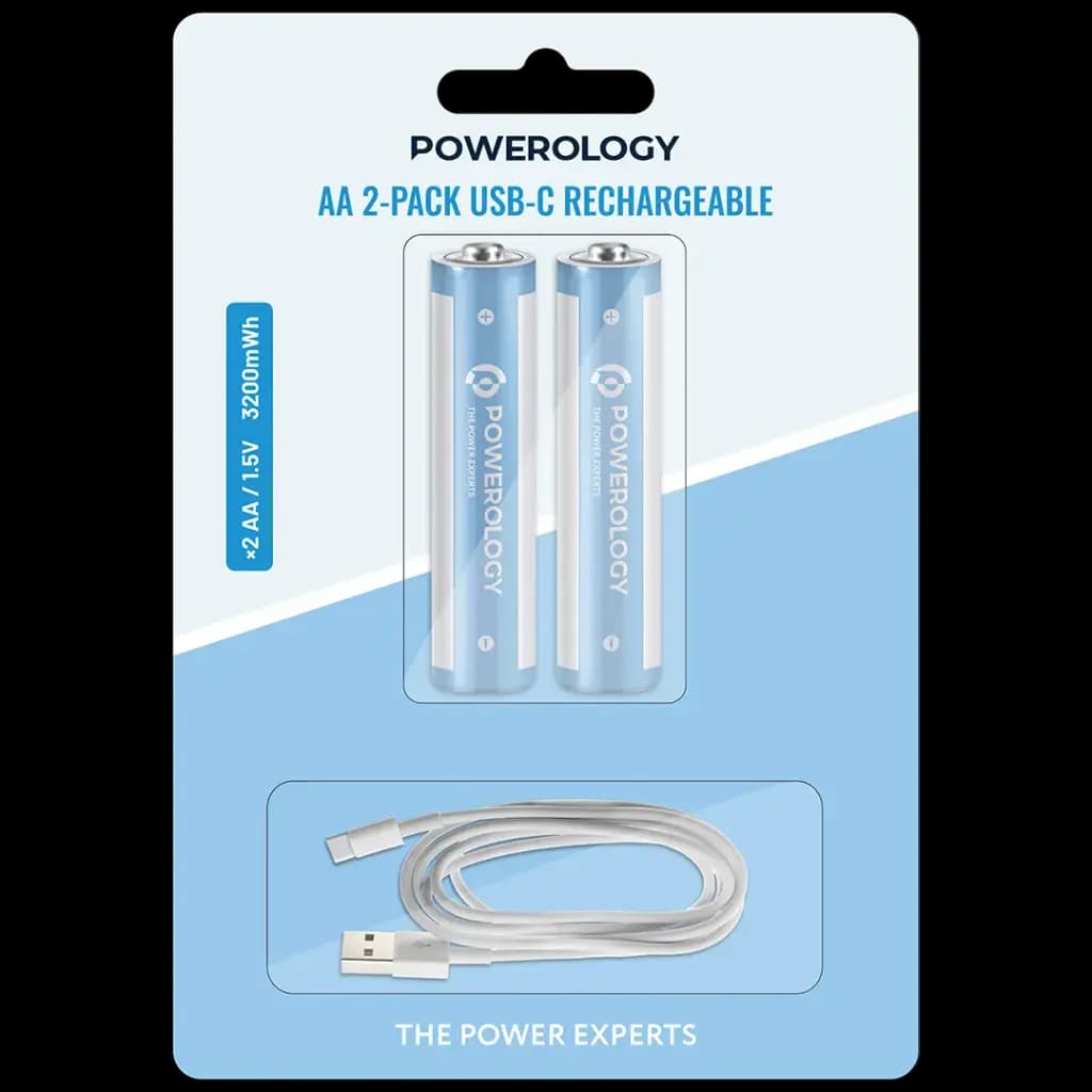 باتری قلمی قابل شارژ Powerology AA USB-C PWAA322 | پک 2 عددی 3200mWh — تصویر ۲