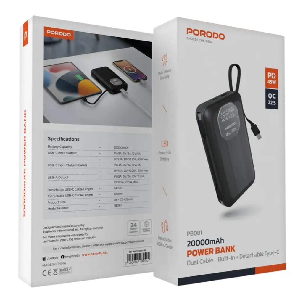 پاوربانک 20000 میلی آمپر 45 وات پرودو Porodo 20000mAh Power Bank PD-PBFCH081 — تصویر ۳