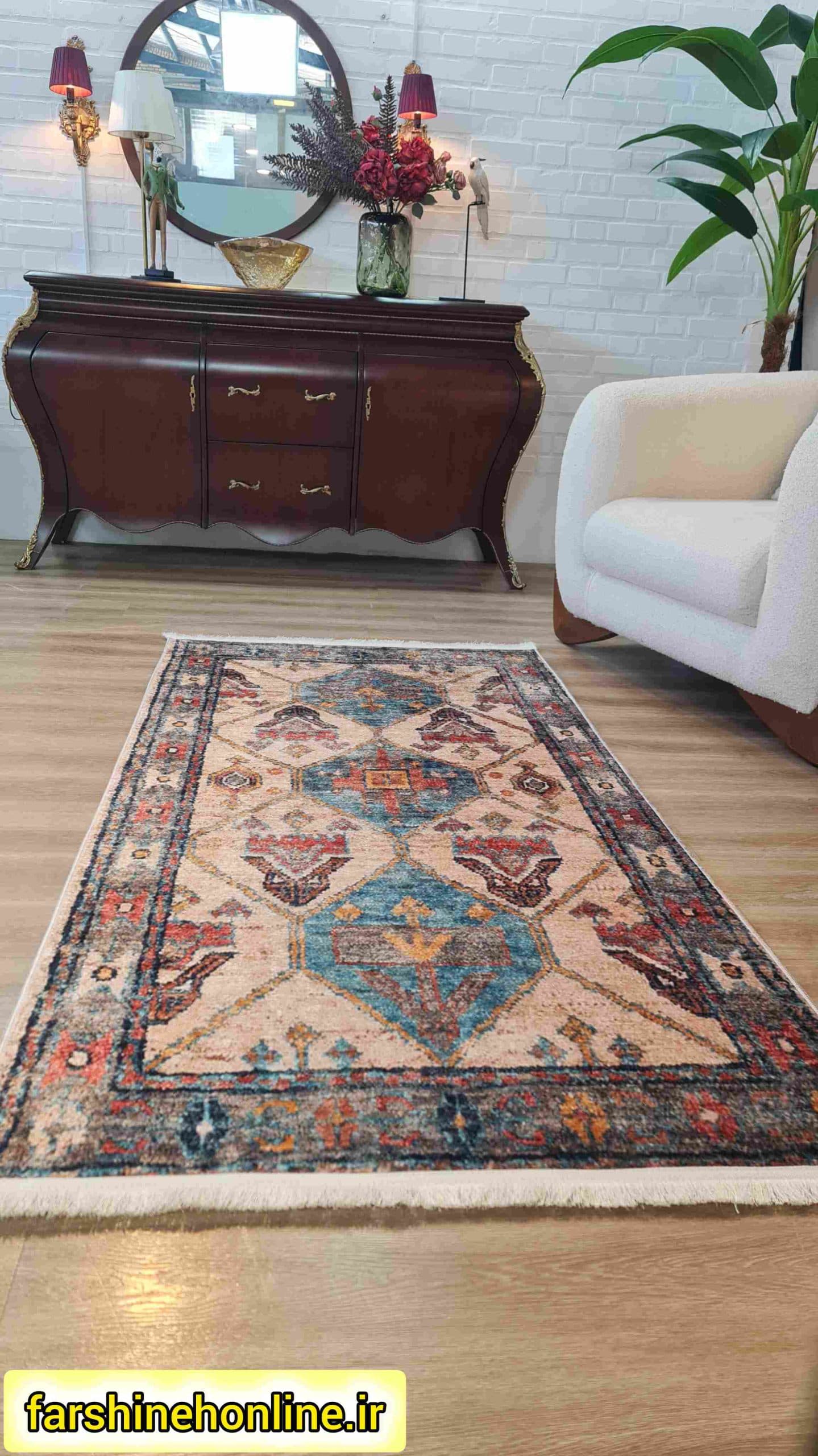 فرشینه طرح سنتی قشقایی کد M187 | رنگ آبی و لاکی سنتی