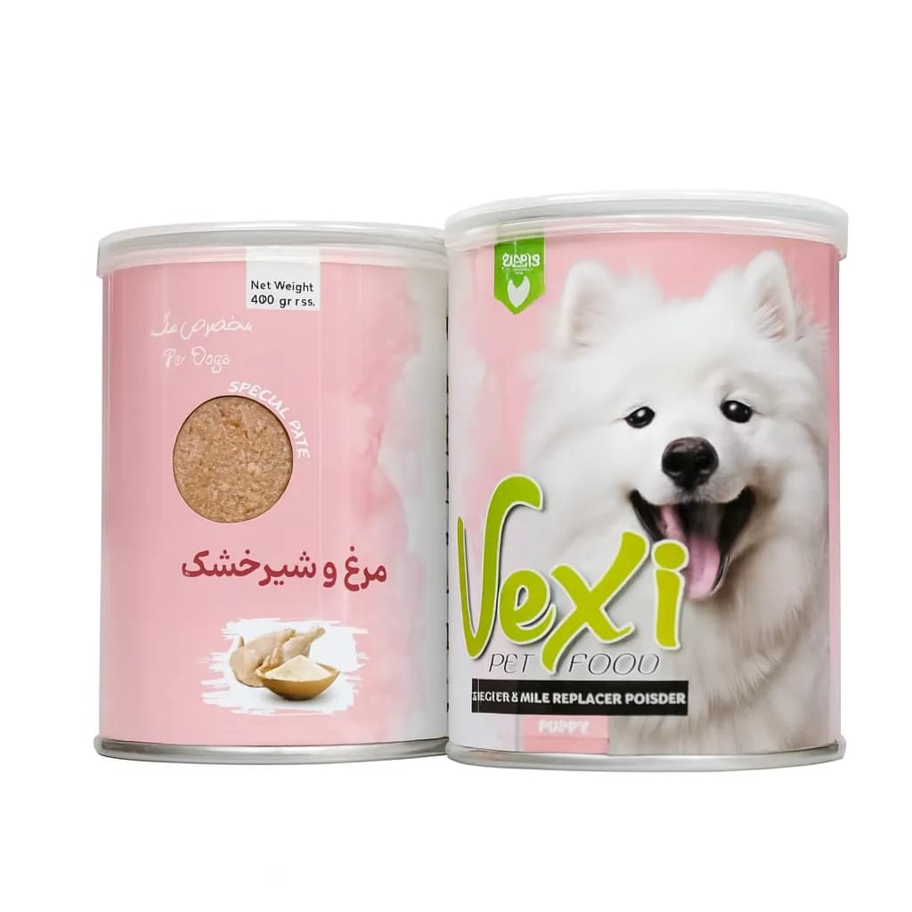 کنسرو توله سگ وکسی مرغ و شیرخشک ۴۰۰ گرمی