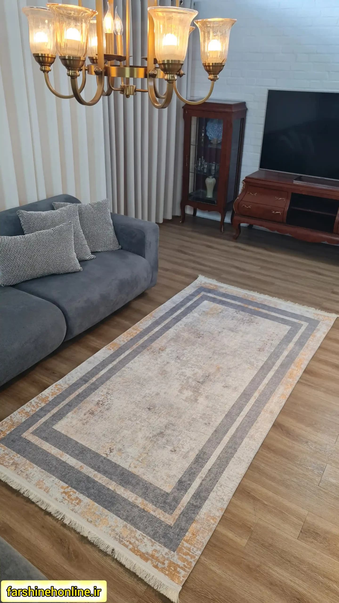 فرشینه مدرن طرح ساده طوسی و کرم حاشیه مستطیلی — تصویر ۱۱