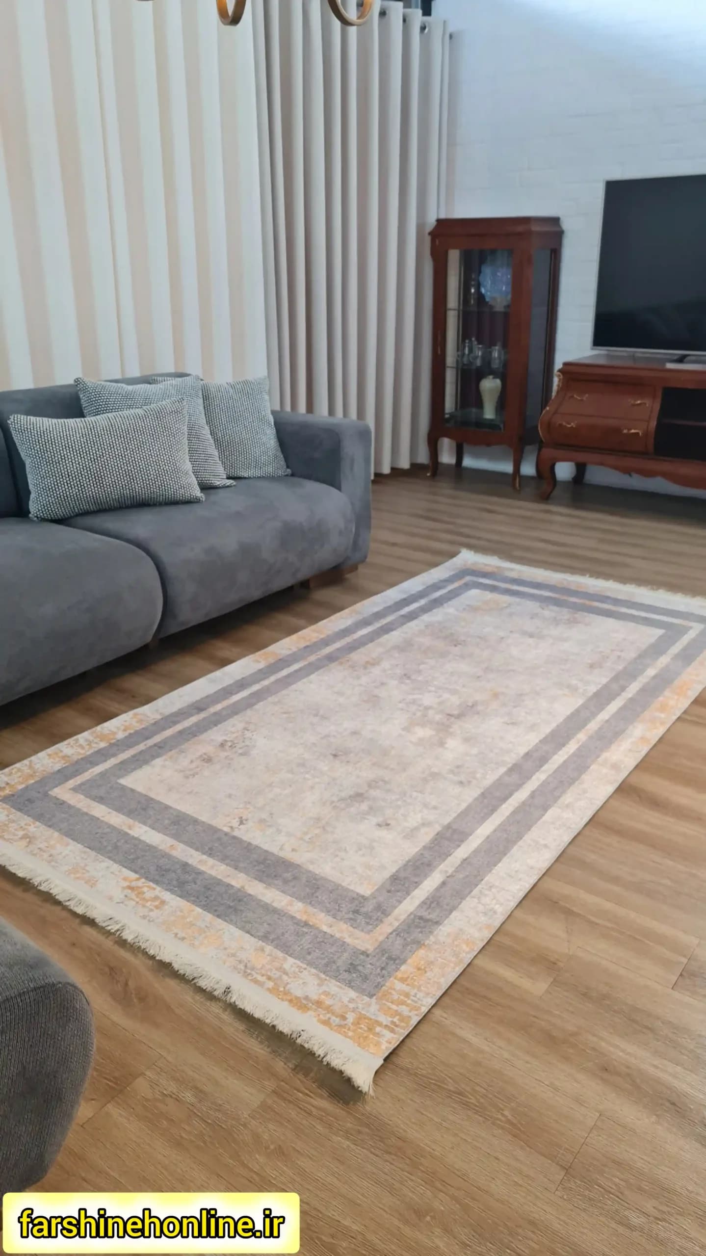 فرشینه مدرن طرح ساده طوسی و کرم حاشیه مستطیلی — تصویر ۱۲