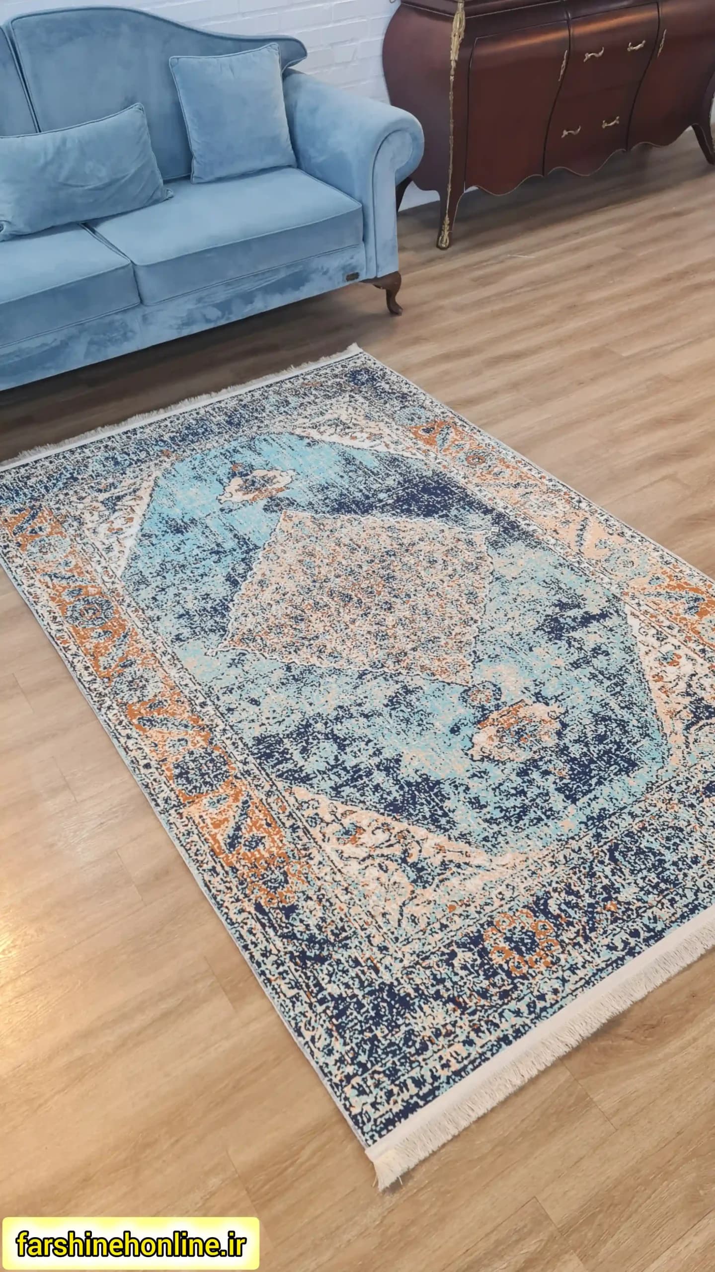 فرشینه مدرن طرح وینتیج آبی نارنجی | قابل شستشو و ضد لغزش — تصویر ۸