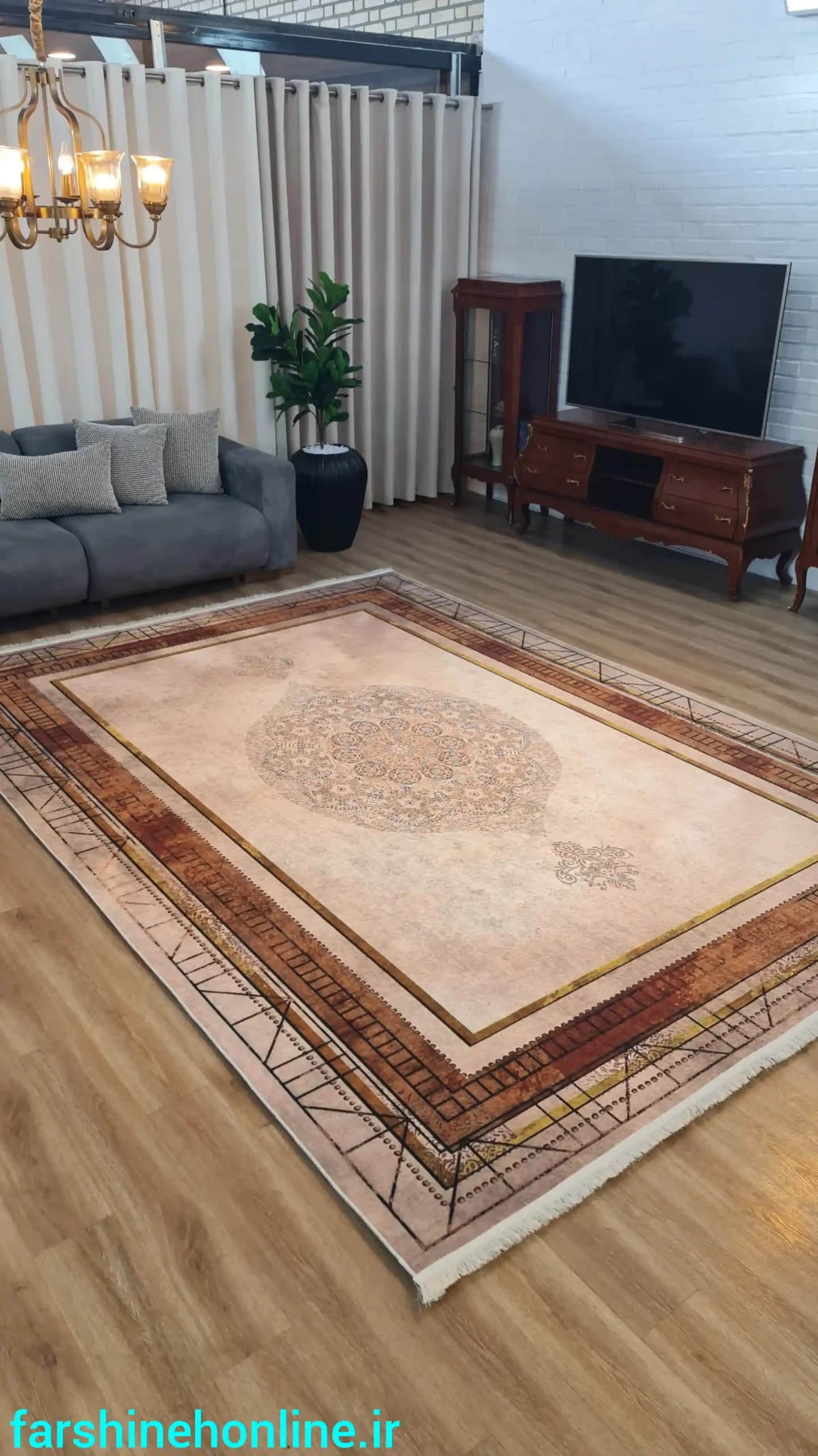فرشینه مدرن طرح ترنج و حاشیه قهوه‌ای — تصویر ۴