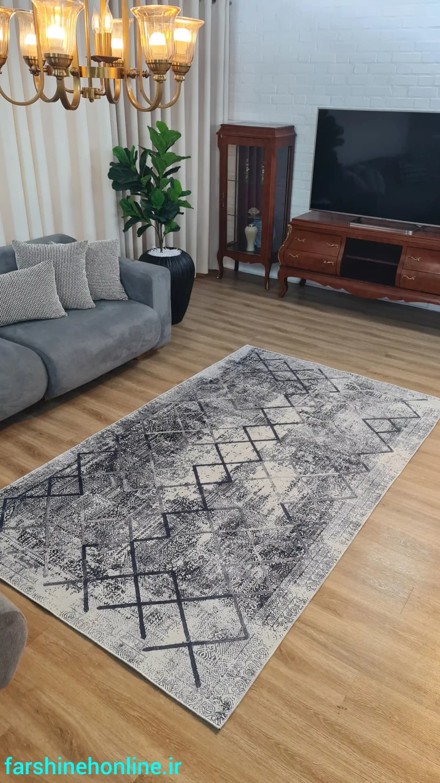 فرشینه مدرن طرح هندسی طوسی و سفید — تصویر ۸