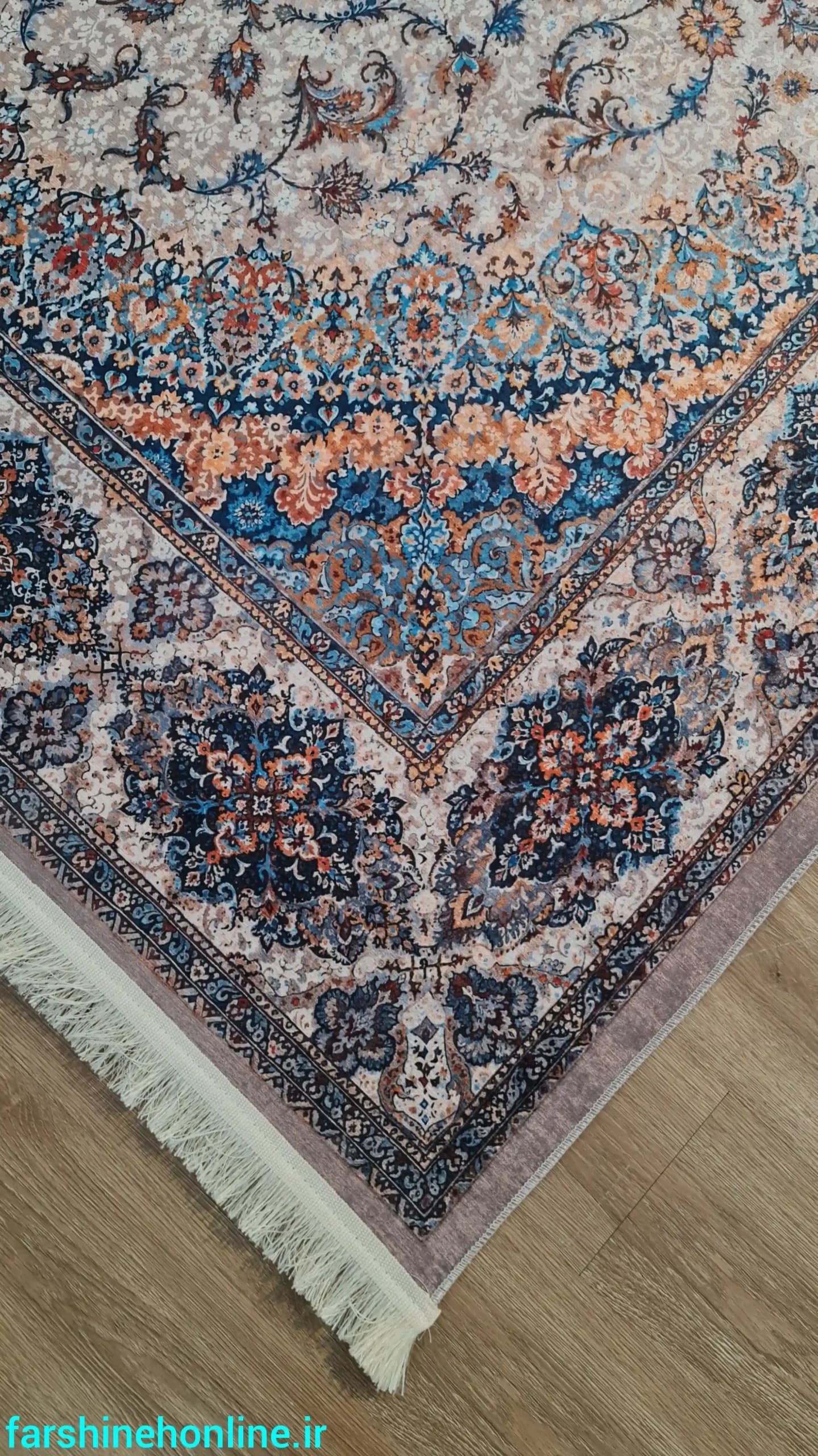 فرشینه مدرن طرح کلاسیک ایرانی رنگ بژ و آبی – سبک وینتیج — تصویر ۵