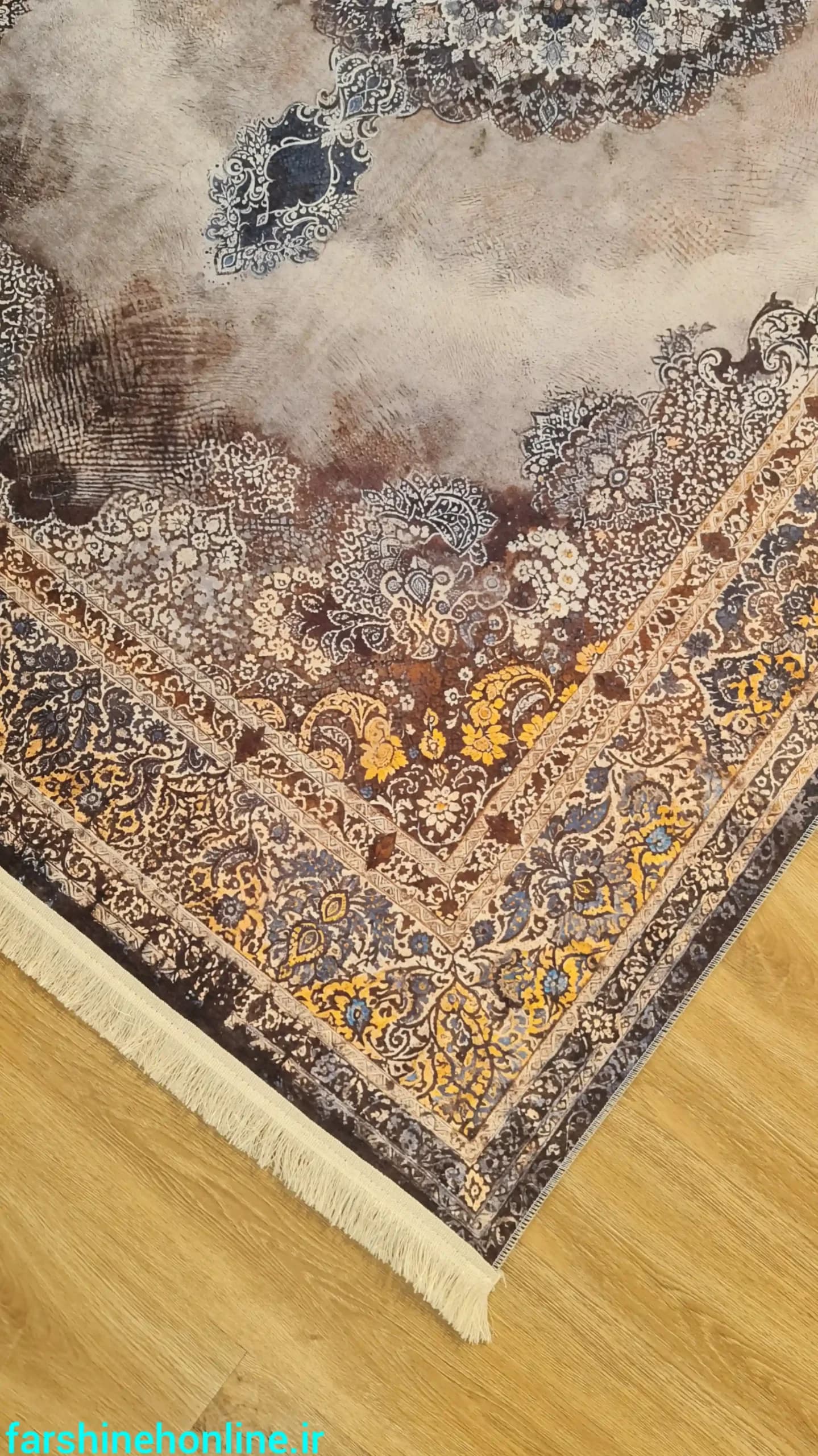 فرشینه وینتیج طرح قالی ایرانی طوسی نارنجی — تصویر ۵