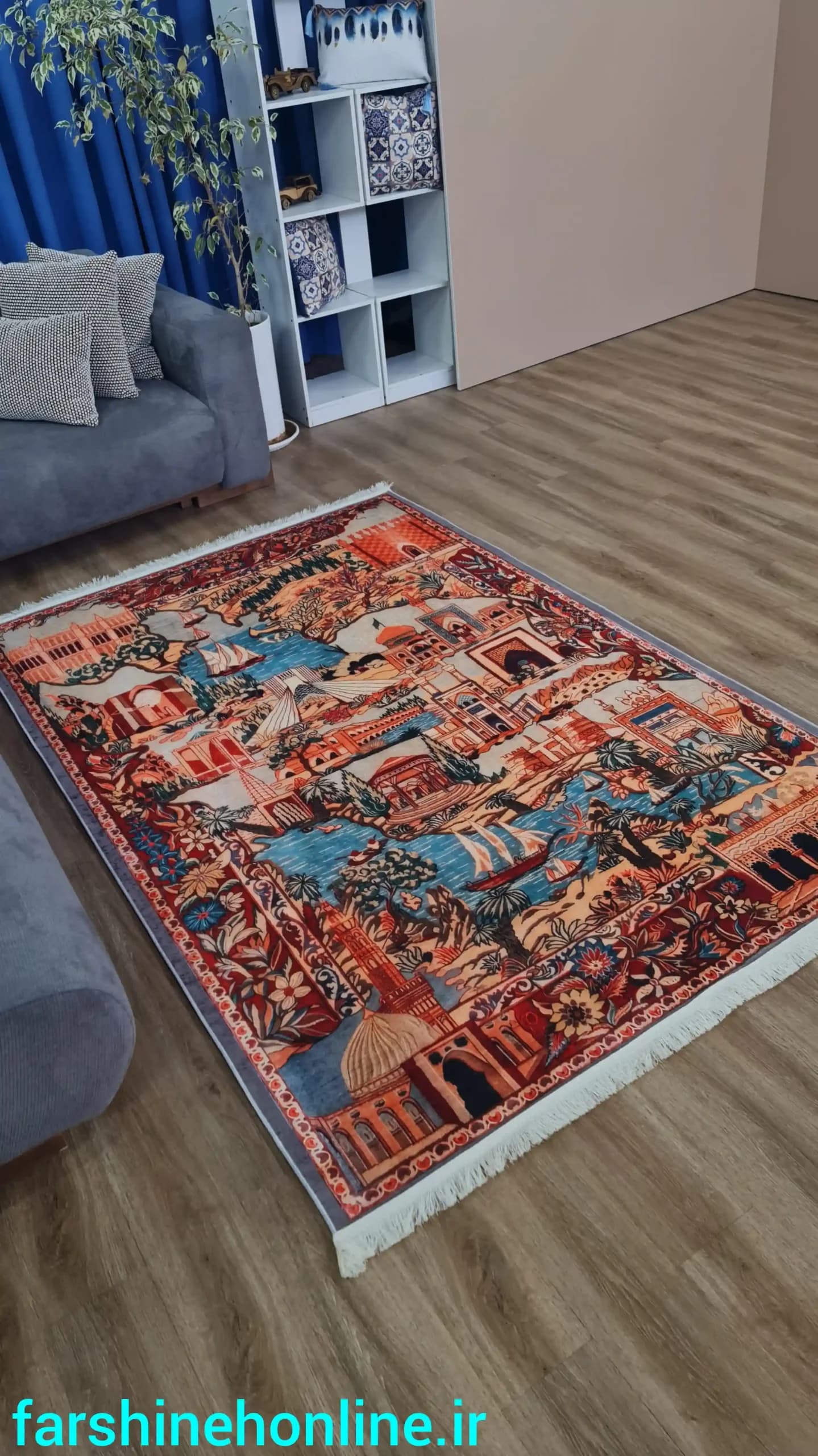 فرشینه مدرن طرح شکارگاه و منظره شهری – رنگ قرمز، آبی و نارنجی — تصویر ۴