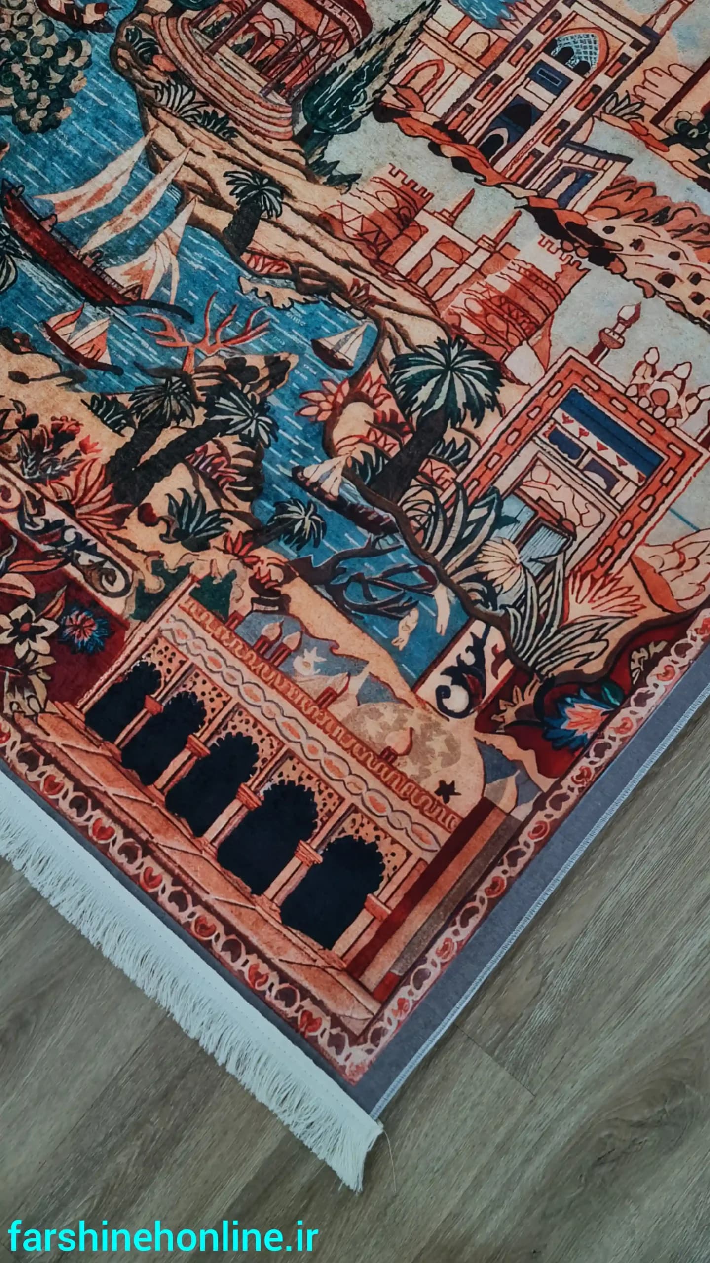 فرشینه مدرن طرح شکارگاه و منظره شهری – رنگ قرمز، آبی و نارنجی — تصویر ۵