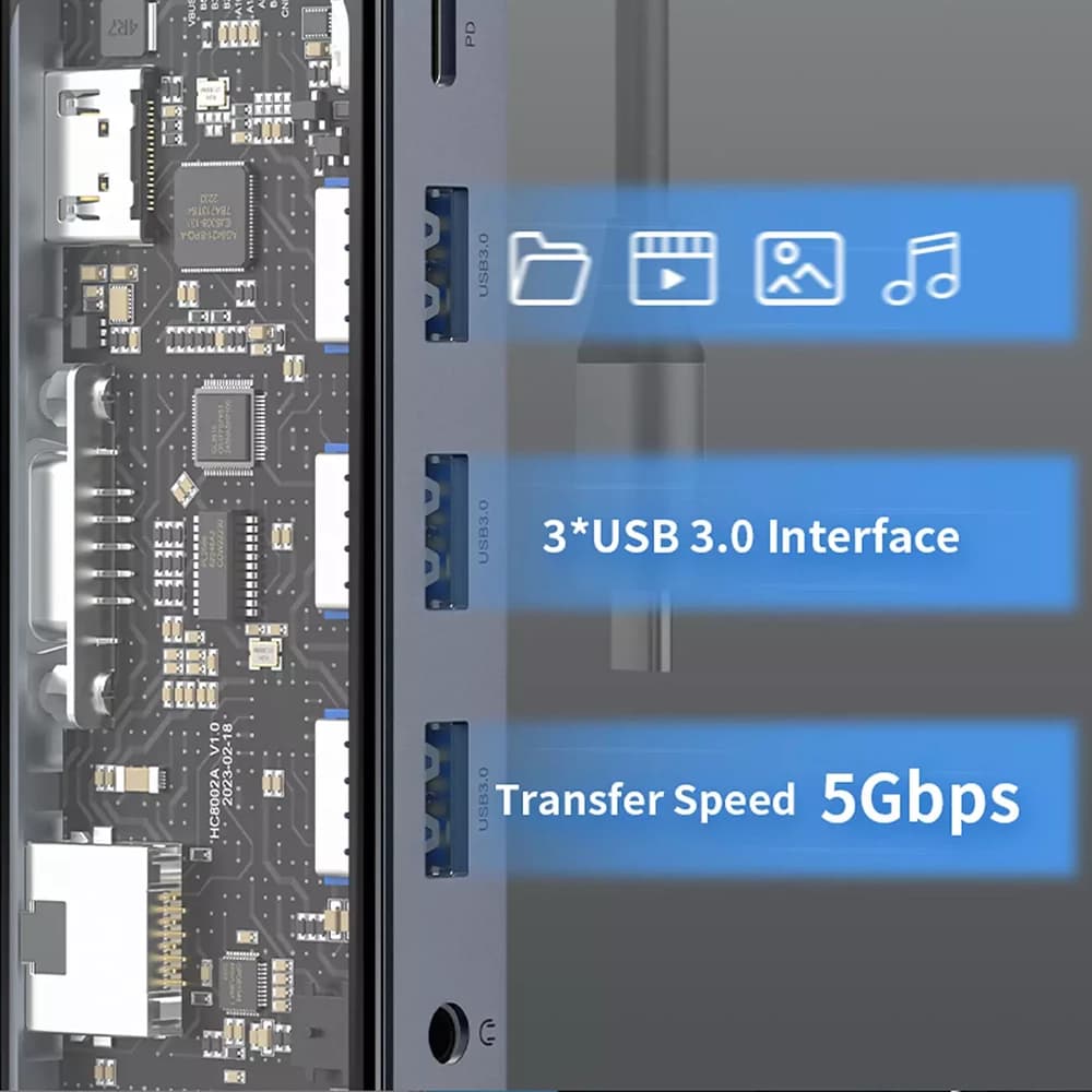 هاب 10 پورت رسی مدل RH22 – تایپ سی به Type-C, HDMI, VGA, USB3.0, RJ49, SD — تصویر ۱۰