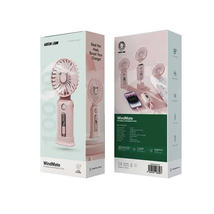 پنکه شارژی قابل حمل و پاور بانک گرین لاین مدل Wind Mate Pink — تصویر ۳
