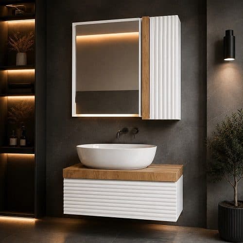 آینه باکس سفید شیاردار با نوار طرح چوب مدل 700 — تصویر ۳