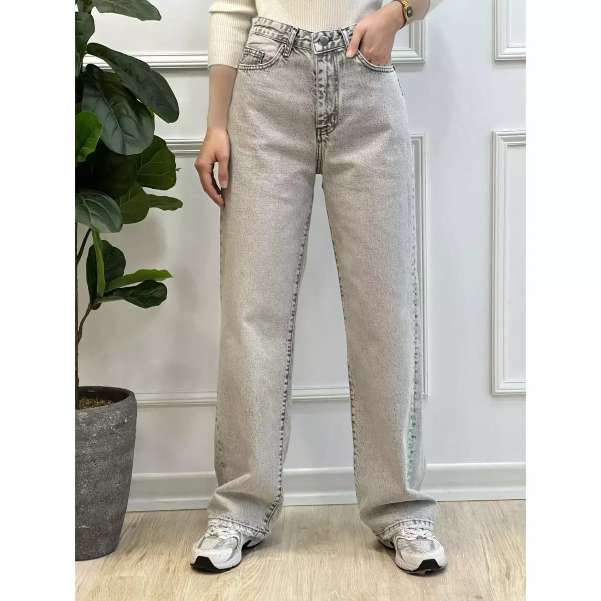 شلوار نیم بگ طوسی پارچه ترک کمرکش قد 105 — تصویر ۹