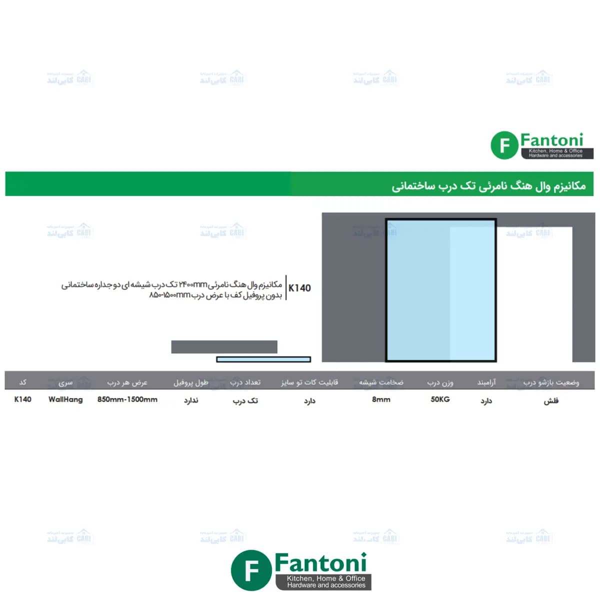 مکانیزم وال هنگ نامرئی 2400mm تک درب شیشه ای دوجداره ساختمانی بدون پروفیل کف با عرض درب 850mm-1500mm فانتونی K140 — تصویر ۳