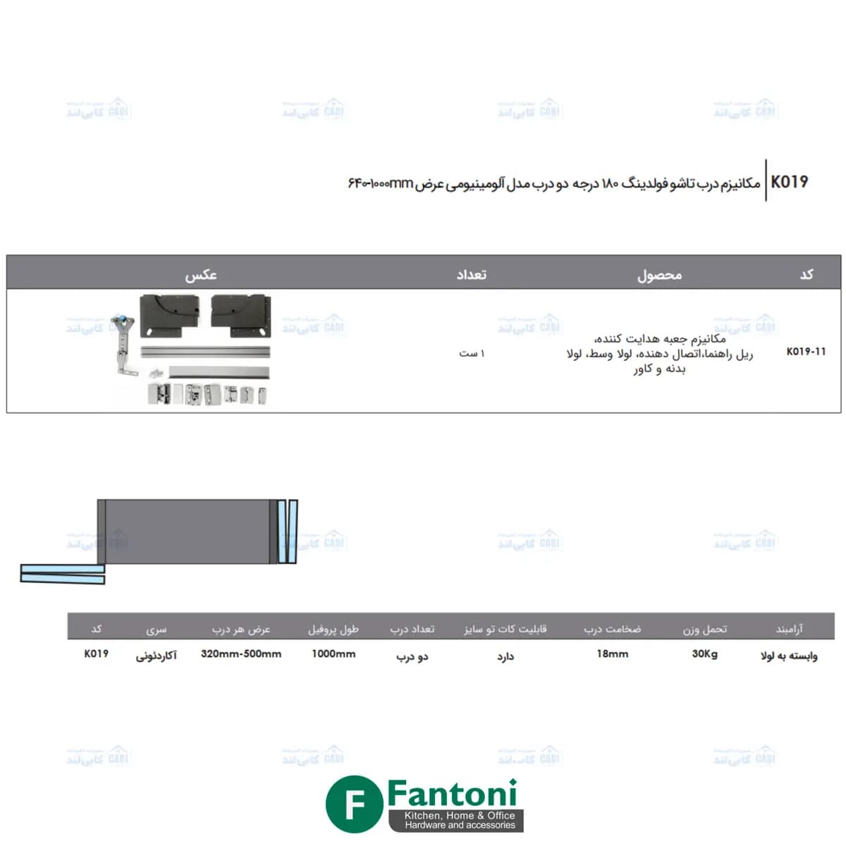 مکانیزم درب تاشو فولد 180 درجه دو درب آلومینیوم عرض 1000mm فانتونی K019 — تصویر ۴