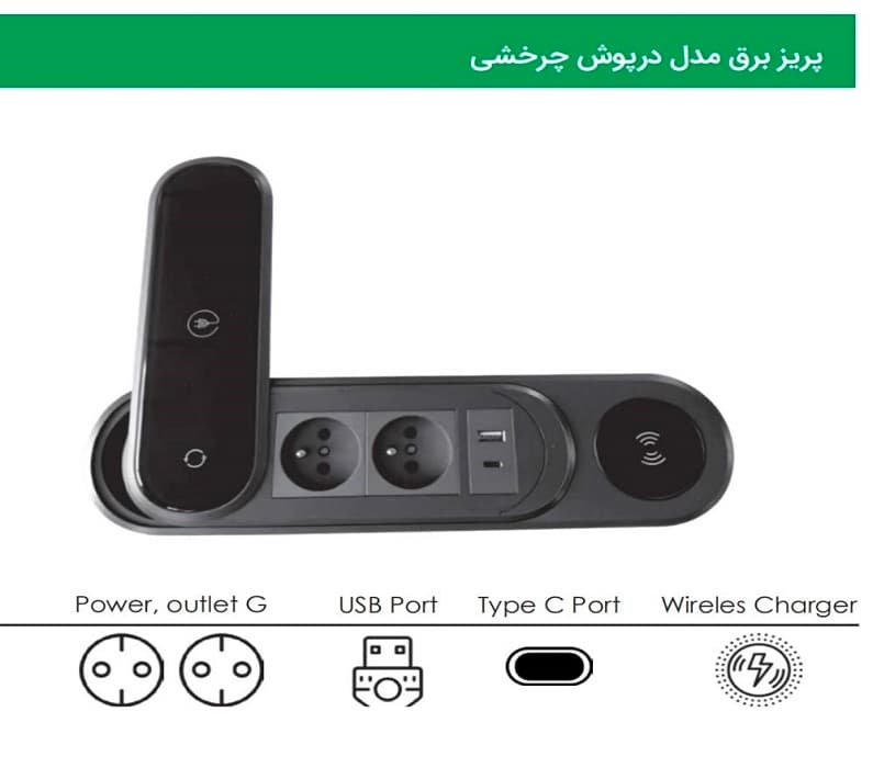 پریز برق با درپوش چرخشی همراه با وایرلس شارژر رنگ مشکی مات مدل Zoro دو سوکت برق, شارژر وایرلس, یک پورت USB و یک پورت تایپ C فانتونی کد N320