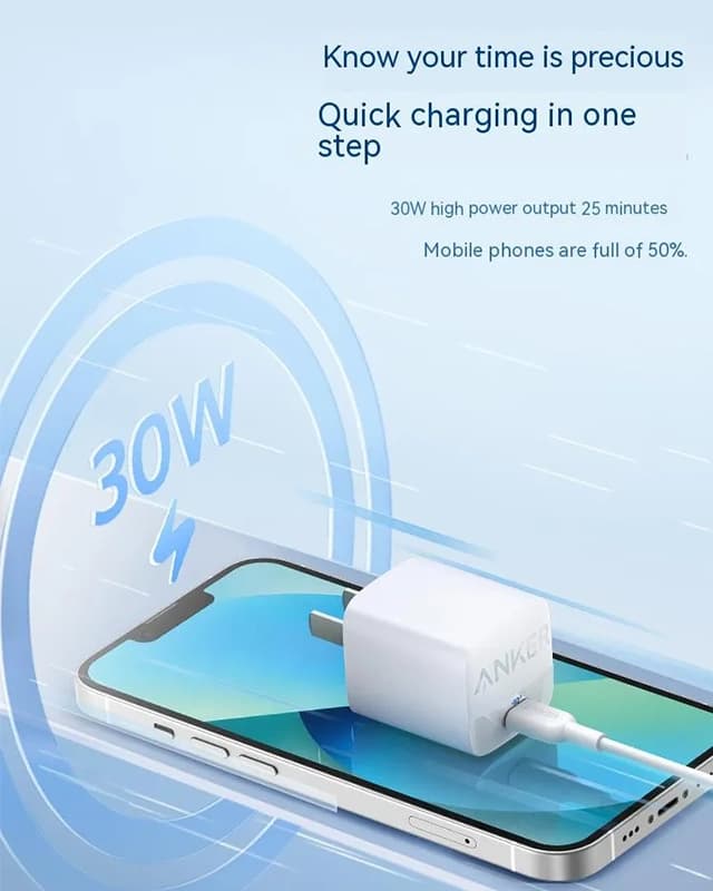 شارژر دیواری 30 وات انکر Anker 313 GaN 30W Charger A2639 + مبدل پریز هدیه — تصویر ۳