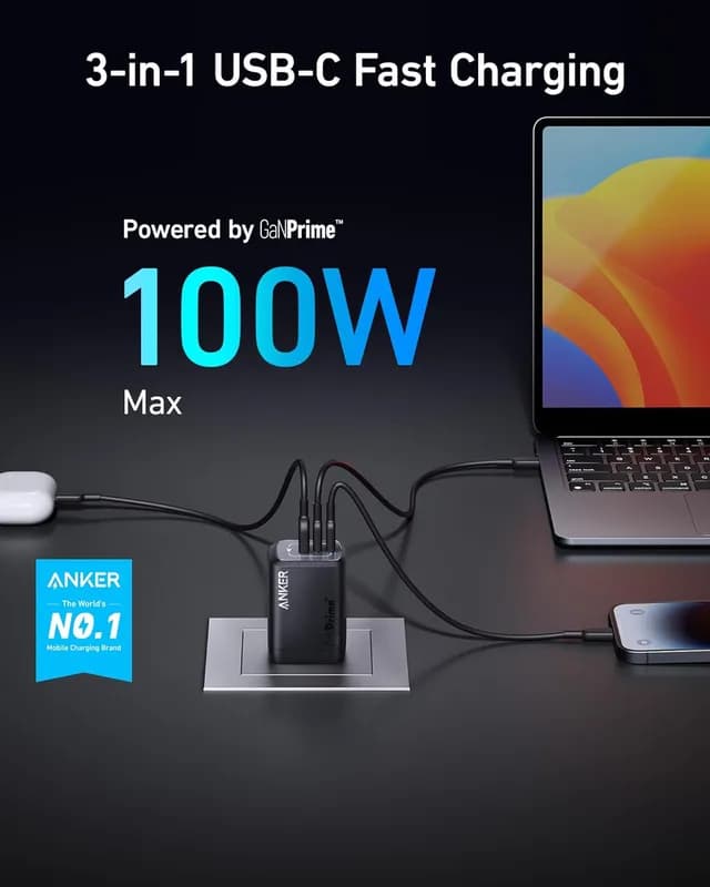 شارژر دیواری 100 وات انکر Anker Prime 100W GaN Wall Charger B2343 + کابل تایپ سی به تایپ سی — تصویر ۴