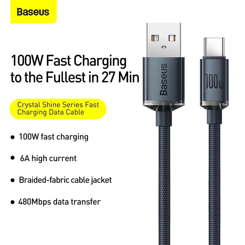 کابل شارژ USB به تایپ سی کریستال 1.2 متر 100 وات بیسوس مدل Baseus CAJY000401 — تصویر ۴