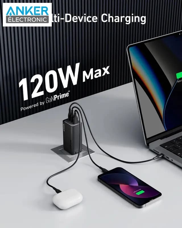 شارژر دیواری 120 وات انکر Anker 737 Charger GaNPrime 120W A2148P12 دوپین تاشو — تصویر ۳