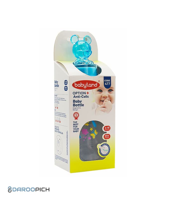 شیشه شیر کلاسیک عروسکی فندقی دسته دار آبی کد 477 بی بی لند 240 میلی لیتر