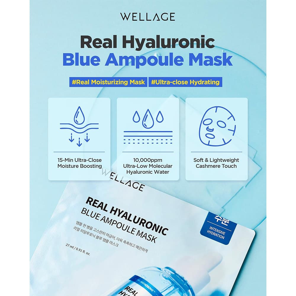 پک ماسک ورقه ای آبرسان هیالورونیک اسید ولاژ WELLAGE Real Hyaluronic Blue Ampoule Mask — تصویر ۴