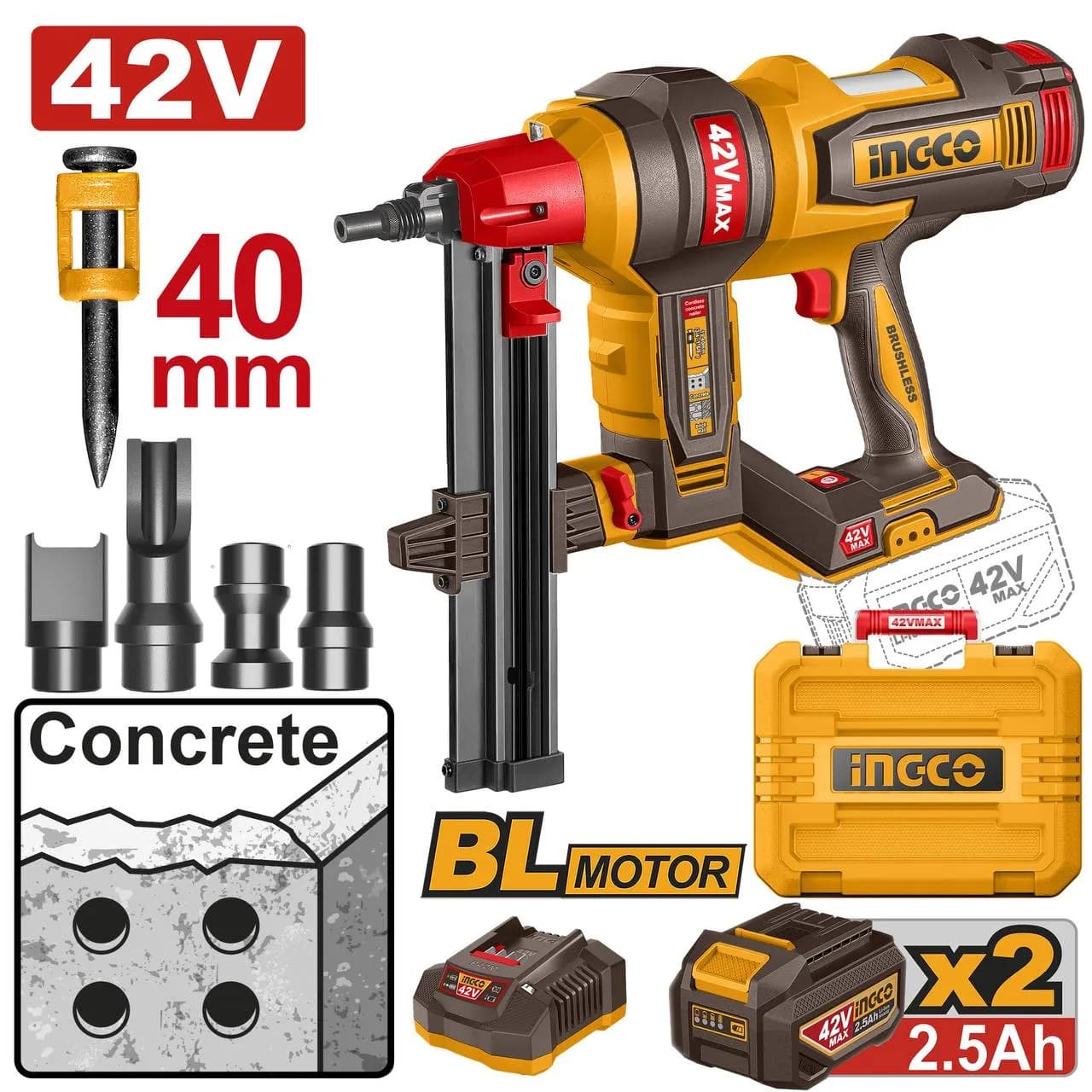 میخ کوب بتن اینکو 42 ولت BL با میخ‌های 27 میلی‌متری، 2×2.0AH به همراه جعبه CCNLI420602