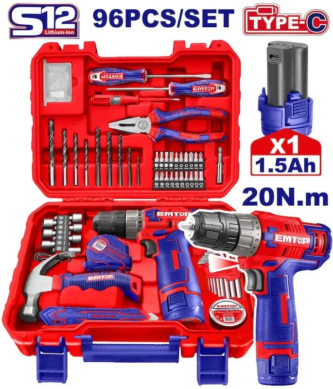 ست ابزار ۹۶ پارچه شارژی ۱۲ ولت EMTOP مدل EEDK09601