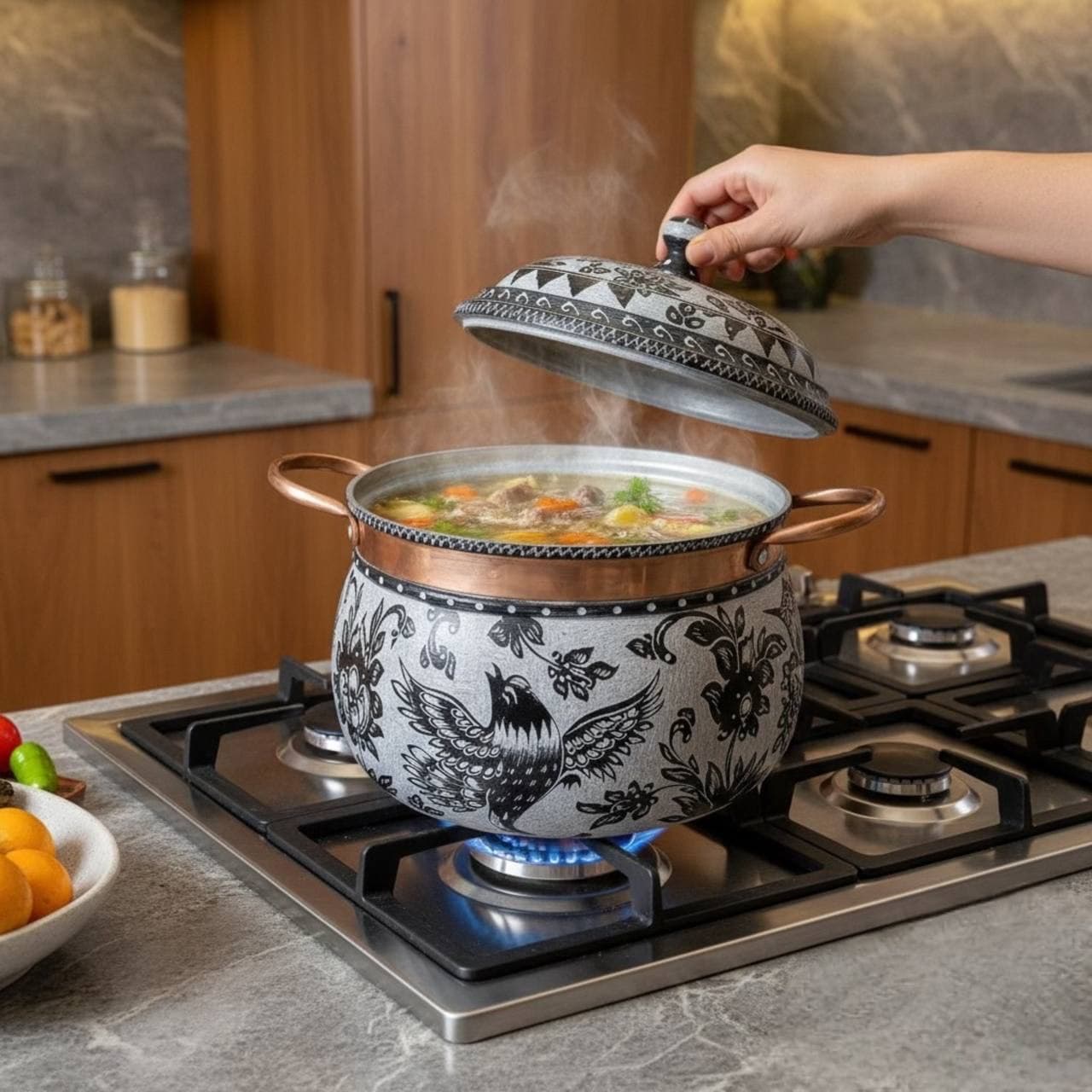 دیگ سنگی درباری با دسته مس طرح ققنوس