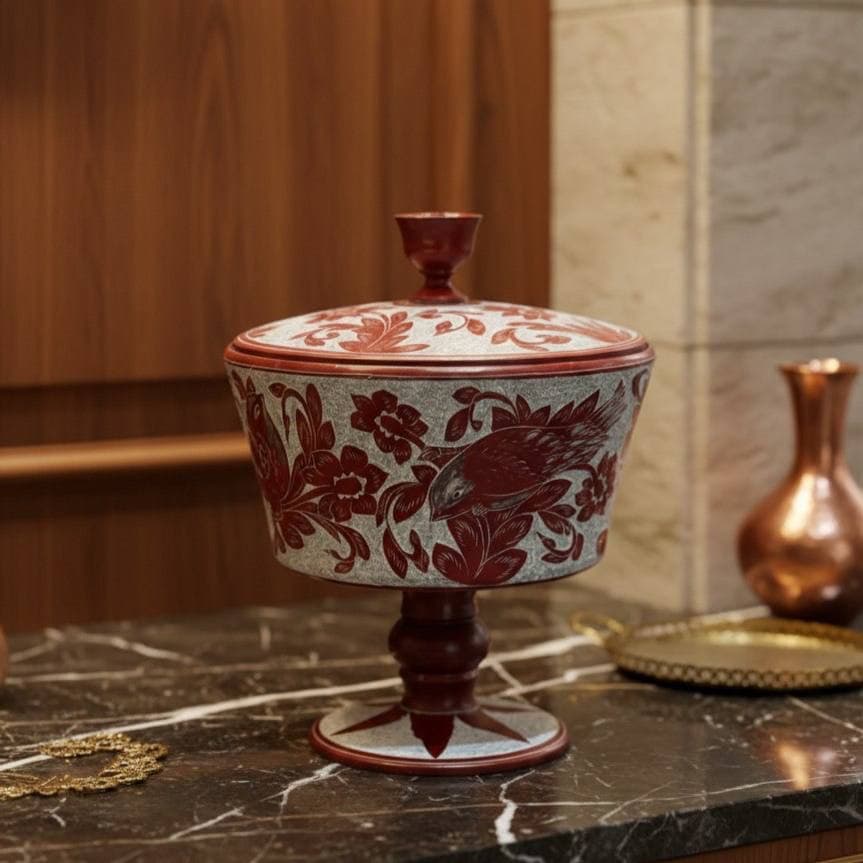 آجیل خوری سنگی پایه دار طرح گل مرغی