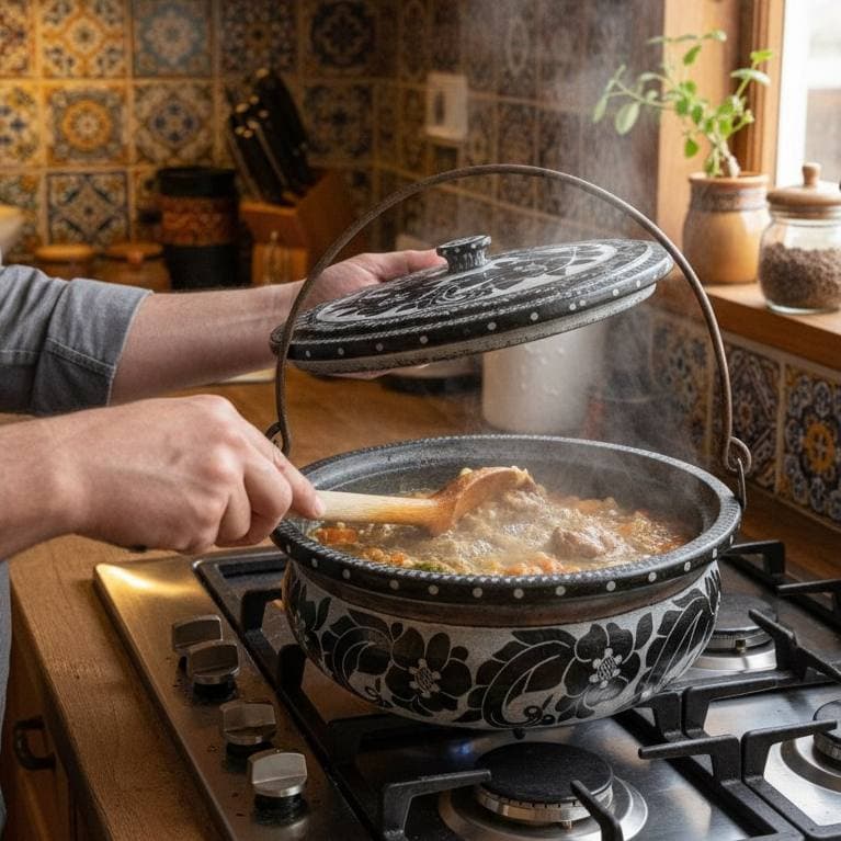 تابه سنگی قلمزنی شده طرح رز با دسته فلزی — تصویر ۲