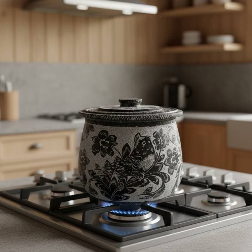 دیگ سنگی قلمزنی شده طرح گل مرغی