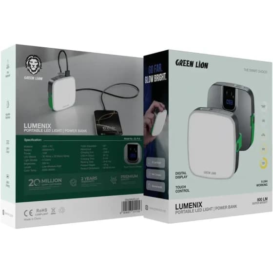 چراغ LED خورشیدی گرین لاین مدل Lumenix با پاور بانک ۲۰۰۰ میلی‌آمپر