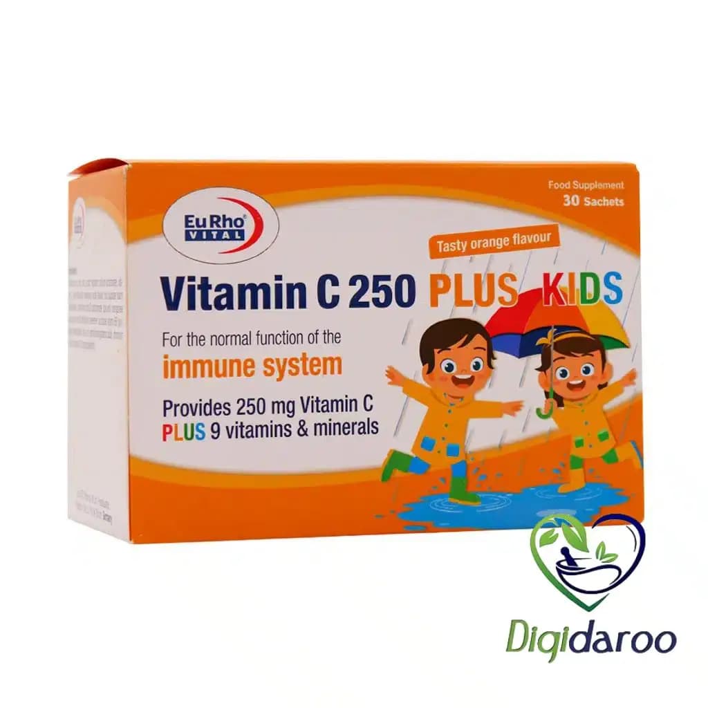 ساشه ویتامین C 250 میلی گرم پلاس کیدز یوروویتال 30 عددی
