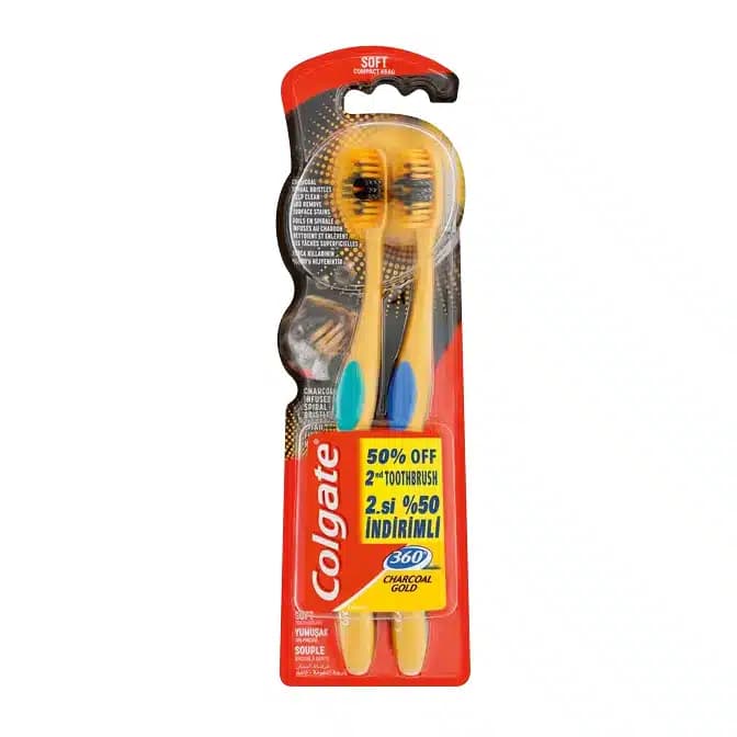 مسواک کولگیت Colgate مدل 360 Charcoal GOLD بسته 2 عددی Soft — تصویر ۲